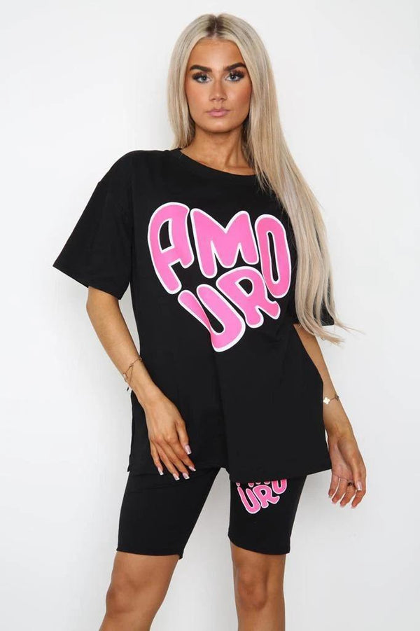Women's Cycling Short and T-Shirts Co-Ord Two Piece Side Slit Set with Front Printed Slogan - Black