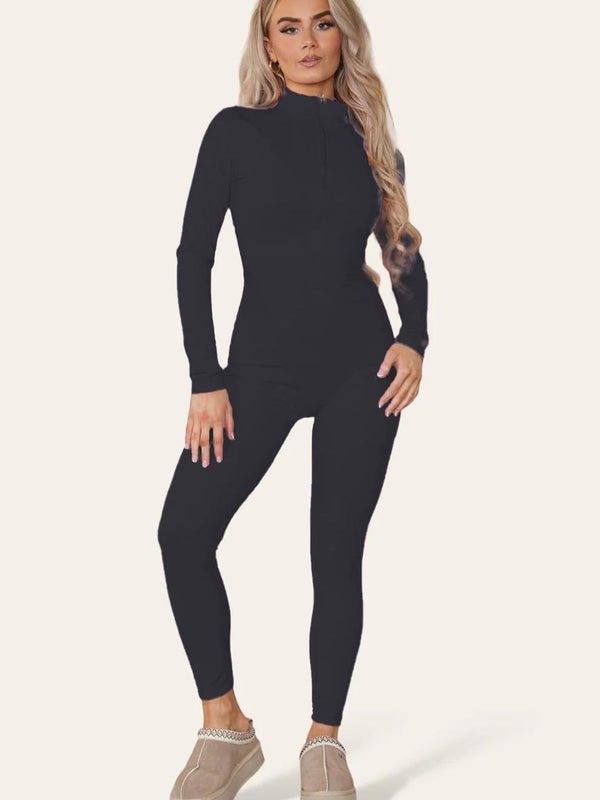 Kind Vibe Women's Ribbed High Neck Zipper Collar Jumpsuit Front Unitard Set - Black