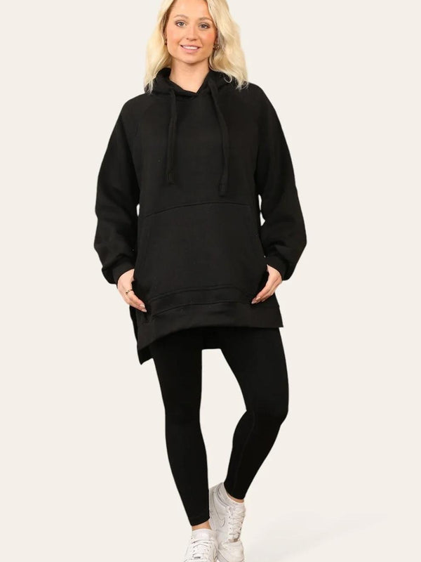 Kind Vibe Women's Side Split Front Pocket Over Size Hoodie - Black