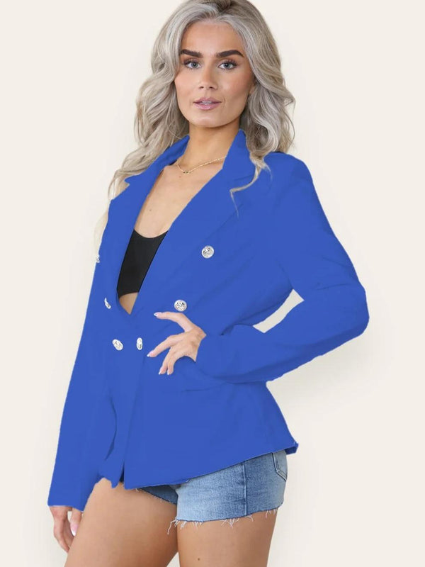 Kind Vibe Women's Fitted Lined Double Gold Button Collared Blazer Jacket - Royal Blue