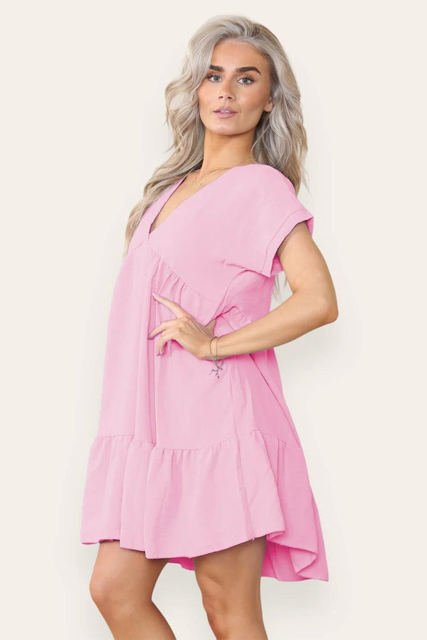 Kind Vibe Women's Fancy Style Tiered Smock Dress - Candy Pink