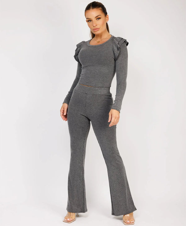 Kind Vibe Women's Long Sleeve frill knit loungewear two piece Co Ord set - Khaki