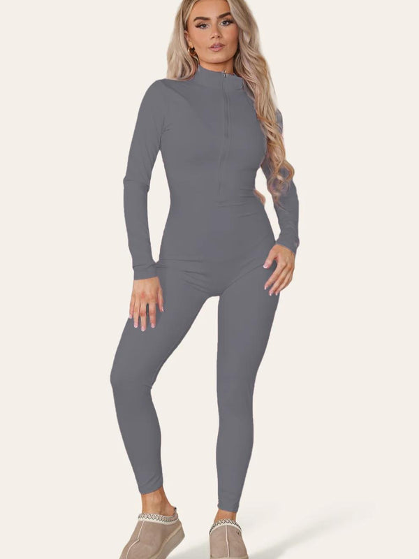 Kind Vibe Women's Ribbed High Neck Zipper Collar Jumpsuit Front Unitard Set - Charcoal