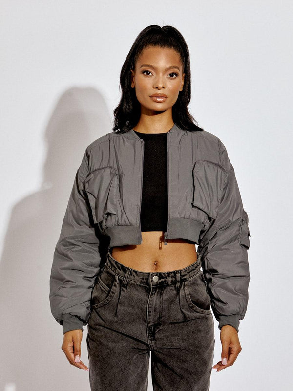 Kind Vibe Women's Ruched Sleeve Utility Pocket Cropped Bomber Jacket - Charcoal