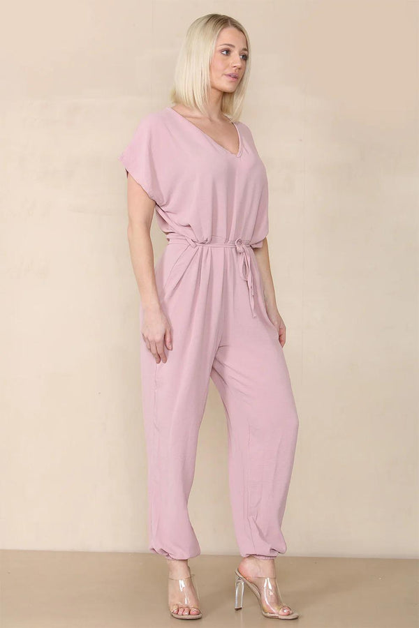 Kind Vibe Women's Tie Waist Stylish Harem Jumpsuit - Dusty Pink