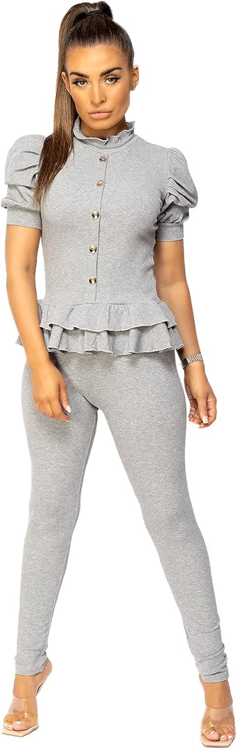 Kind Vibe Women's Short Sleeves Two Piece Suit with Ribbed Legging Co-Ord Top Gold Button Frill Hem Peplum Ribbed Lounge Set - Grey