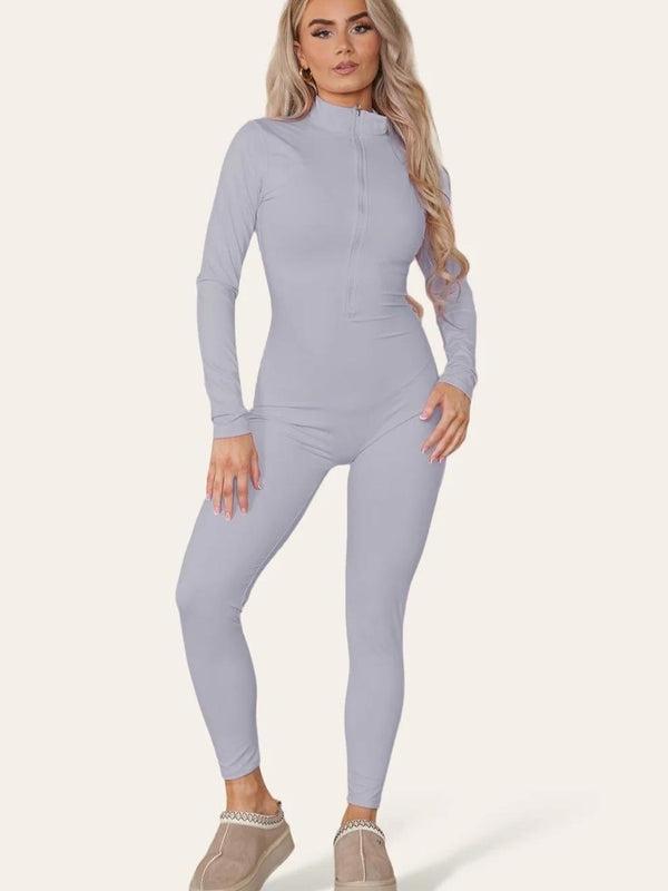 Kind Vibe Women's Ribbed High Neck Zipper Collar Jumpsuit Front Unitard Set - Grey