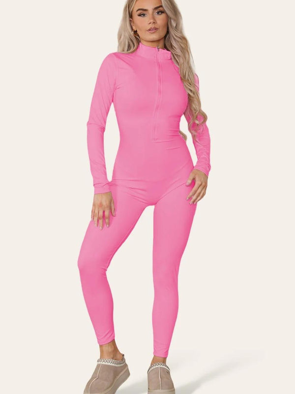 Kind Vibe Women's Ribbed High Neck Zipper Collar Jumpsuit Front Unitard Set - Hot Pink