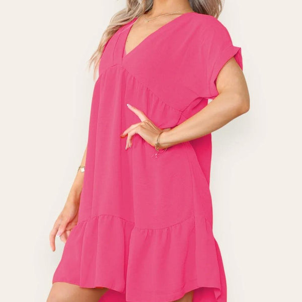 Kind Vibe Women's Fancy Style Tiered Smock Dress - Hot Pink