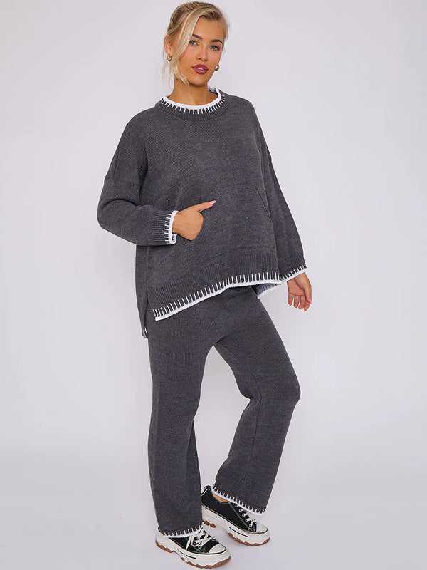 Kind Vibe Women's Casual Loungewear Rib Knit Wide Leg Co-Ord Set (One Size 6-16) Comfort stitchset - Charcoal