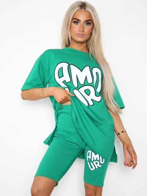 Women's Cycling Short and T-Shirts Co-Ord Two Piece Side Slit Set with Front Printed Slogan - Jade Green