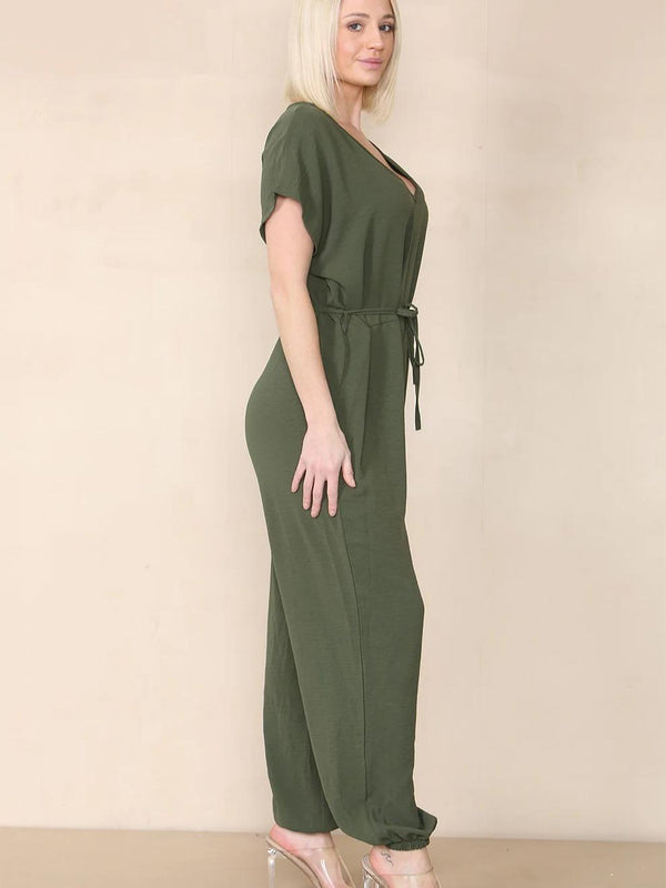 Kind Vibe Women's Tie Waist Stylish Harem Jumpsuit - Khaki
