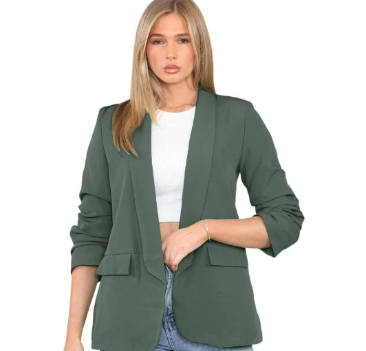 Kind Vibe Women's Ruched Sleeve Lined Blazer - Khaki