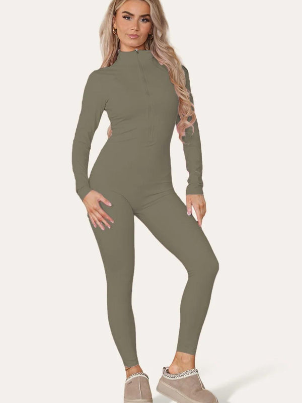 Kind Vibe Women's Ribbed High Neck Zipper Collar Jumpsuit Front Unitard Set - Khaki