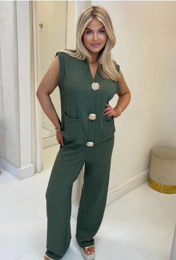 Kind Vibe Women's Trouser and Waistcoat Co Ord Set With Gold Brooch - Khaki