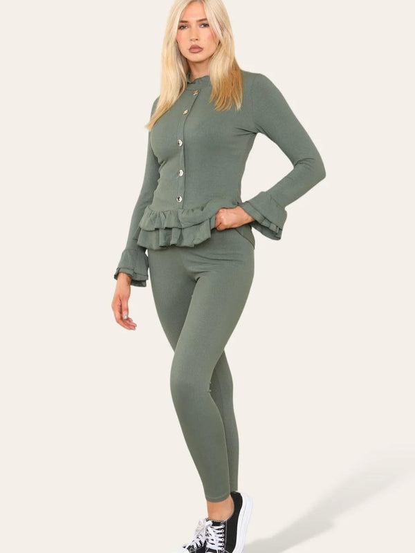 Women's Long Sleeves Peplum Front Buttons Frilled Hem Lounge Wear Set - Khaki