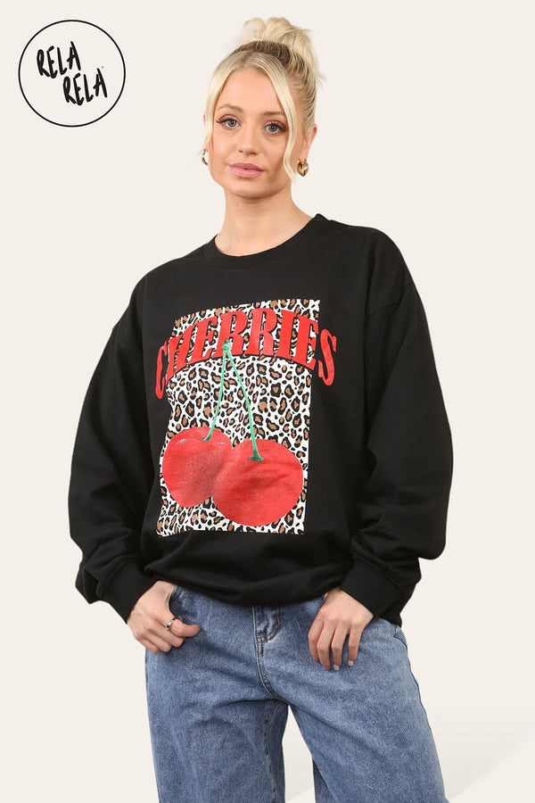 Kind Vibe Women's Leopard Cherries Print Sweat Shirt Top