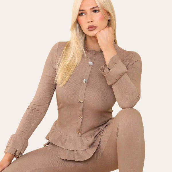 Women's Long Sleeves Peplum Front Buttons Frilled Hem Lounge Wear Set - Mocca