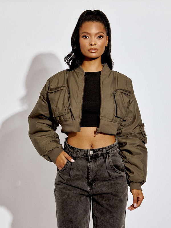 Kind Vibe Women's Ruched Sleeve Utility Pocket Cropped Bomber Jacket - Olive