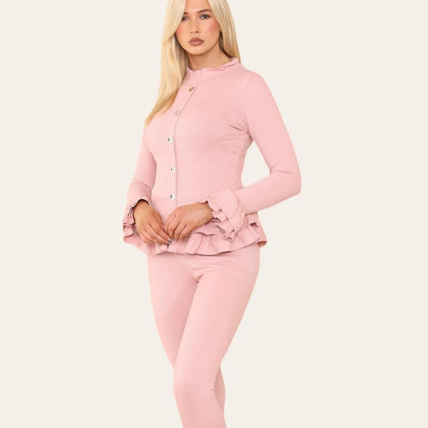 Women's Long Sleeves Peplum Front Buttons Frilled Hem Lounge Wear Set - Pink