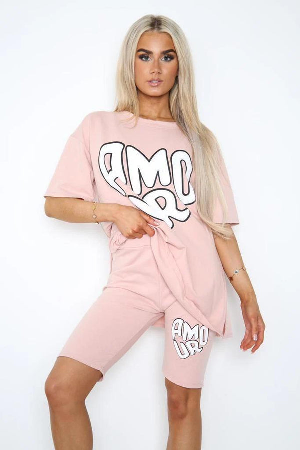 Women's Cycling Short and T-Shirts Co-Ord Two Piece Side Slit Set with Front Printed Slogan - Pink