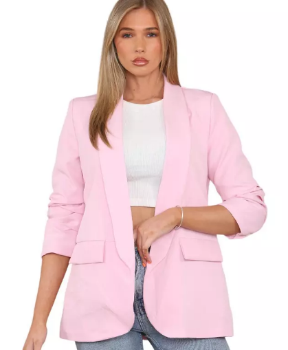 Kind Vibe Women's Ruched Sleeve Lined Blazer - Baby Pink