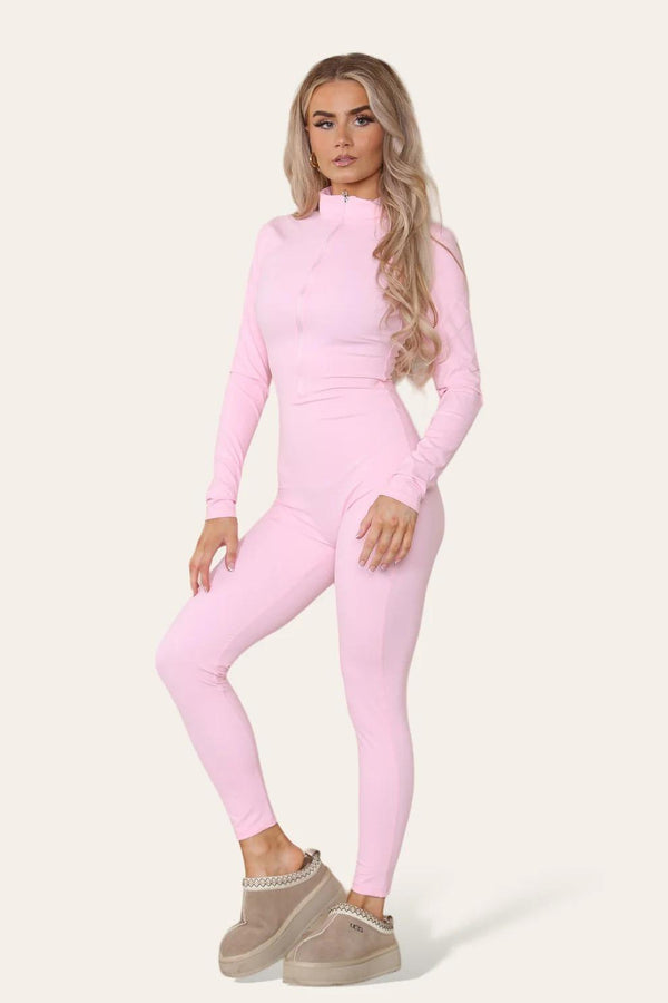 Kind Vibe Women's Ribbed High Neck Zipper Collar Jumpsuit Front Unitard Set - Pink