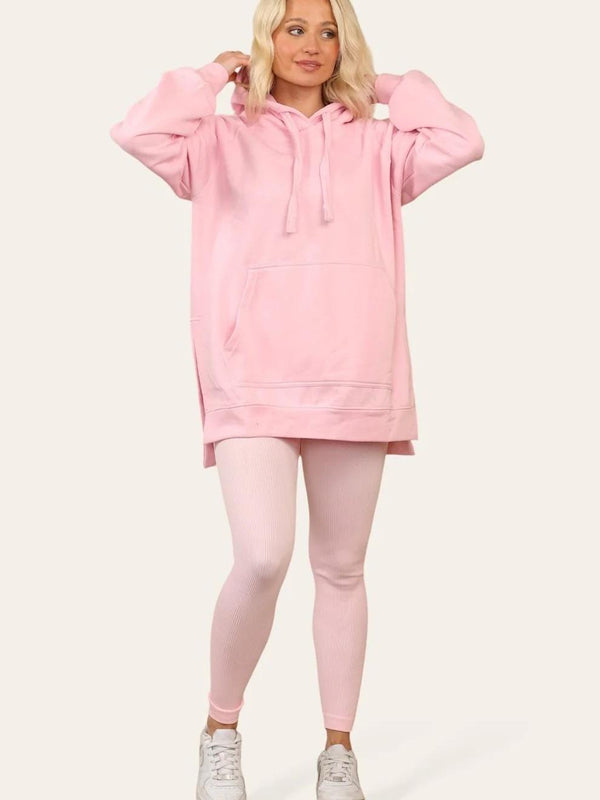 Kind Vibe Women's Side Split Front Pocket Over Size Hoodie - Pink