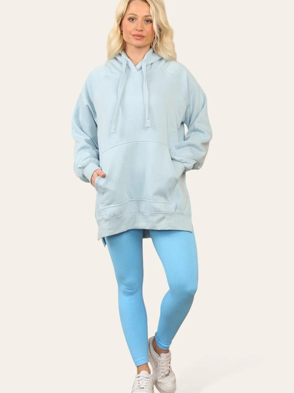 Kind Vibe Women's Side Split Front Pocket Over Size Hoodie - Powder Blue