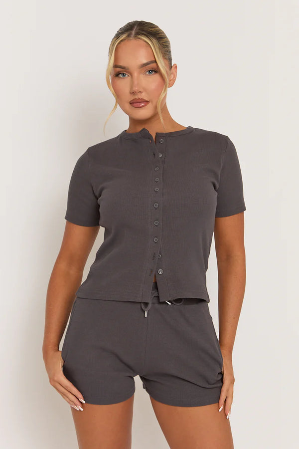 Kind Vibe Molly Women's Ribbed Short Sleeve Button Through Co-ord Set - Charcoal