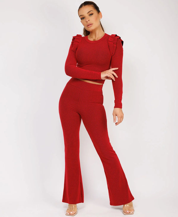 Kind Vibe Women's Long Sleeve frill knit loungewear two piece Co Ord set - Red