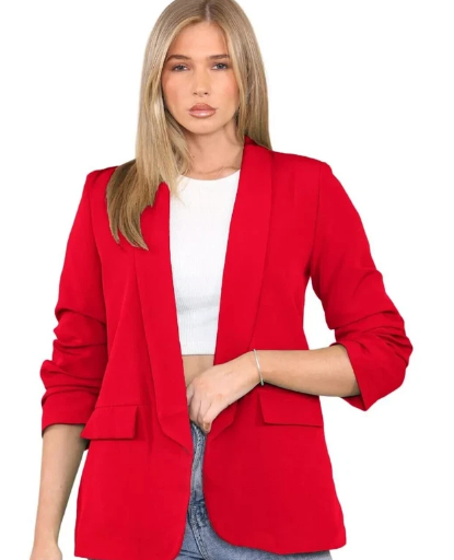 Kind Vibe Women's Ruched Sleeve Lined Blazer - Red