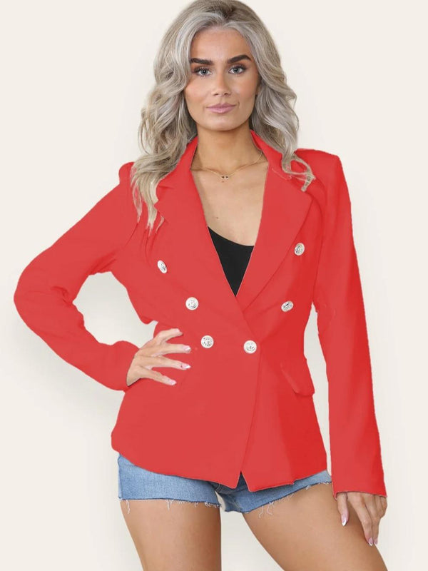 Kind Vibe Women's Fitted Lined Double Gold Button Collared Blazer Jacket - Red