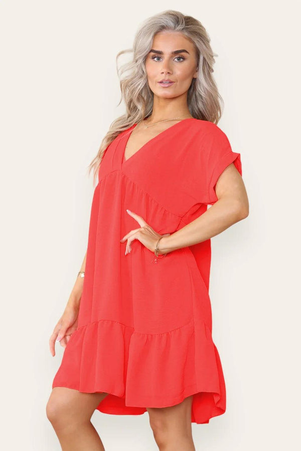 Kind Vibe Women's Fancy Style Tiered Smock Dress - Red