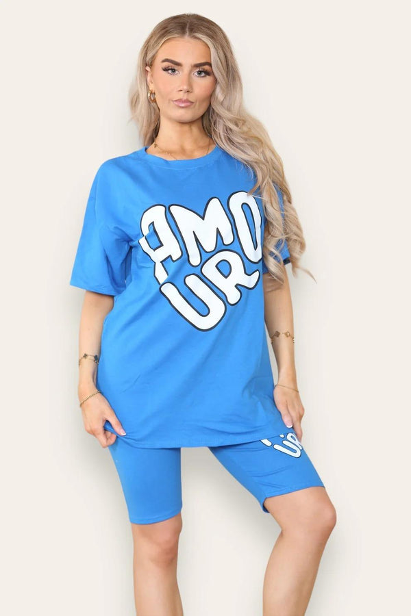 Women's Cycling Short and T-Shirts Co-Ord Two Piece Side Slit Set with Front Printed Slogan - Royal Blue
