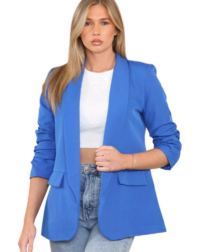 Kind Vibe Women's Ruched Sleeve Lined Blazer - Royal Blue