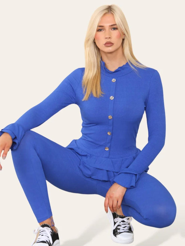 Women's Long Sleeves Peplum Front Buttons Frilled Hem Lounge Wear Set - Royal Blue