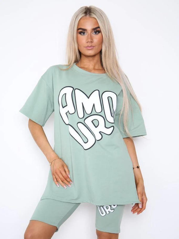 Women's Cycling Short and T-Shirts Co-Ord Two Piece Side Slit Set with Front Printed Slogan - Sage Green