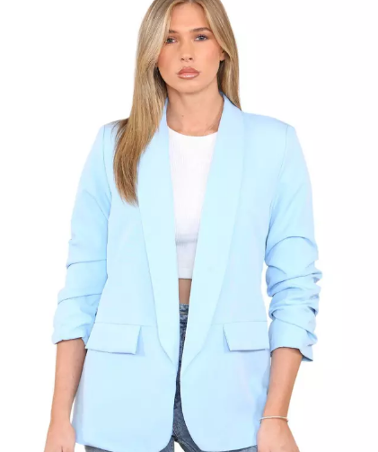 Kind Vibe Women's Ruched Sleeve Lined Blazer - Sky Blue