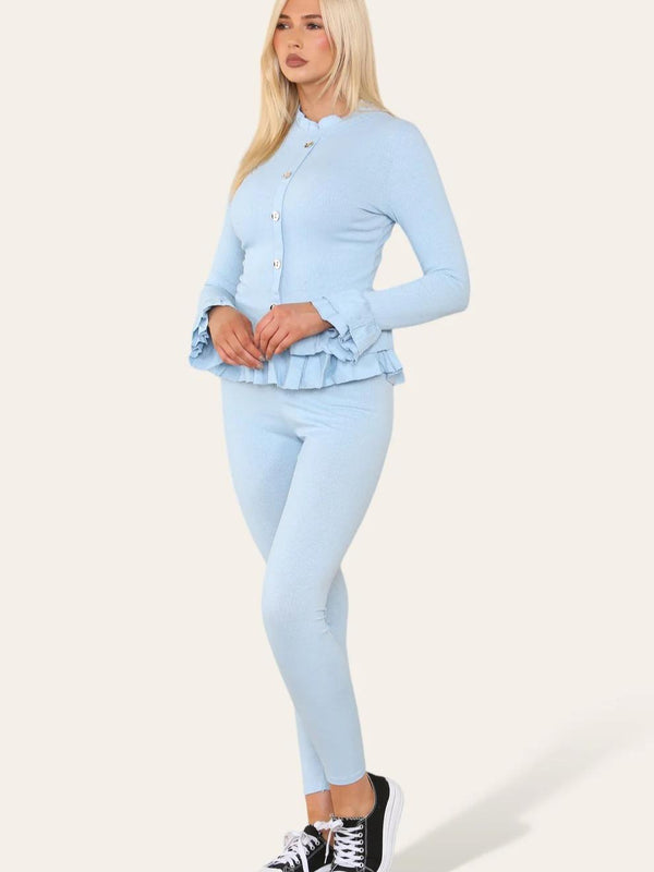 Women's Long Sleeves Peplum Front Buttons Frilled Hem Lounge Wear Set - Sky Blue