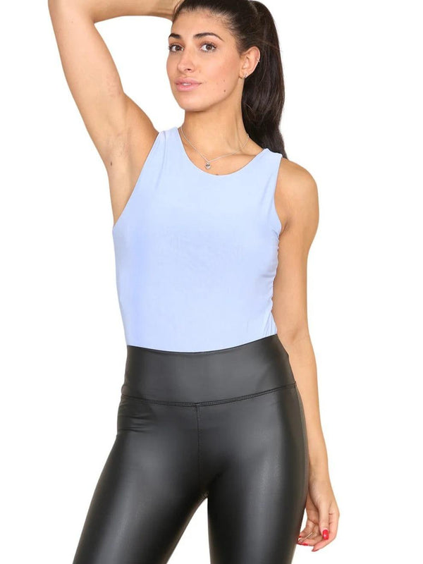 Kind Vibe Women's Slinky Racer Round Neck Double Layered Top Bodysuit - Sky Blue