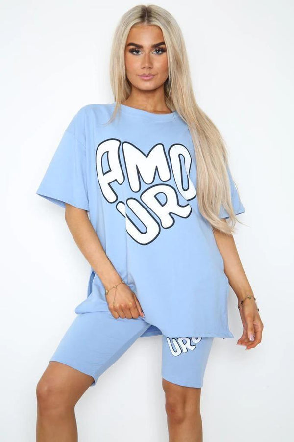 Women's Cycling Short and T-Shirts Co-Ord Two Piece Side Slit Set with Front Printed Slogan - Sky Blue