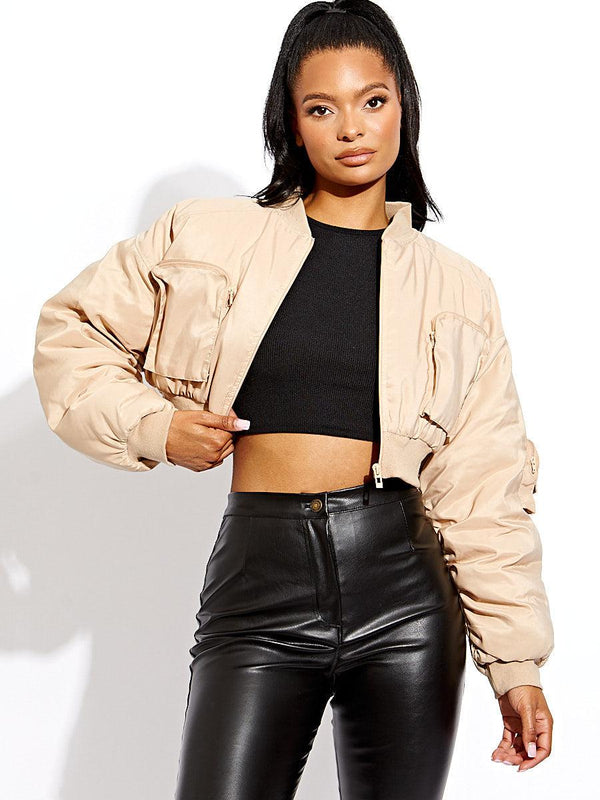 Kind Vibe Women's Ruched Sleeve Utility Pocket Cropped Bomber Jacket - Stone