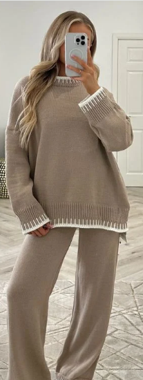 Kind Vibe Women's Casual Loungewear Rib Knit Wide Leg Co-Ord Set (One Size 6-16) Comfort stitchset - Taupe