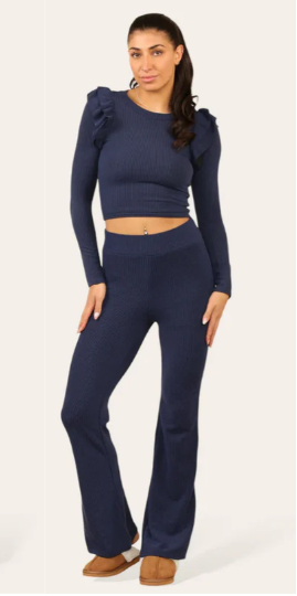 Kind Vibe Women's Long Sleeve frill knit loungewear two piece Co Ord set - Navy