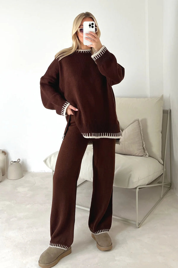 Kind Vibe Women's Casual Loungewear Rib Knit Wide Leg Co-Ord Set (One Size 6-16) Comfort stitchset - Brown