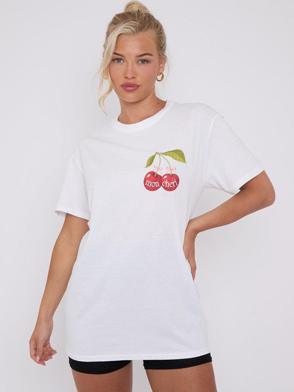 Kind Vibe Women's Mon Cheri Cherry Graphic Printed T-Shirt - Casual and Comfortable Fit Tee - White