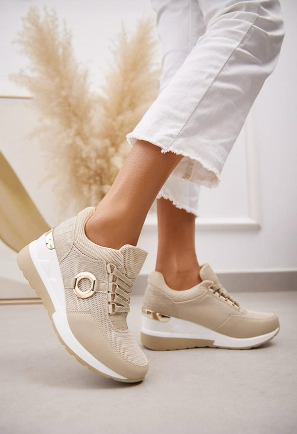 Kind Vibe Women's Faux Leather Luxury Designer Wedge Trainers - Beige