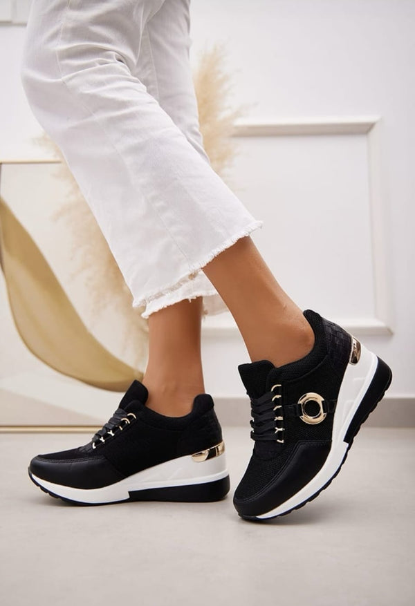 Kind Vibe Women's Faux Leather Luxury Designer Wedge Trainers - Black