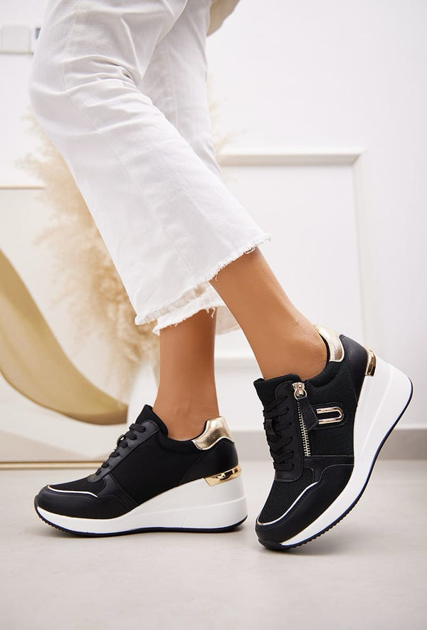Kind Vibe Women's Luxury Designer Faux Leather Wedge Trainers - Black